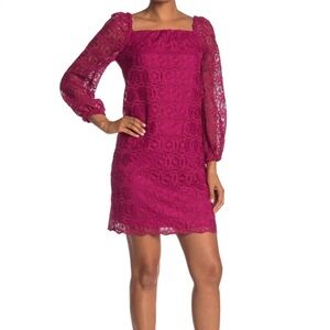 Trina Turk lace fuchsia long puff sleeve midi dress size 14